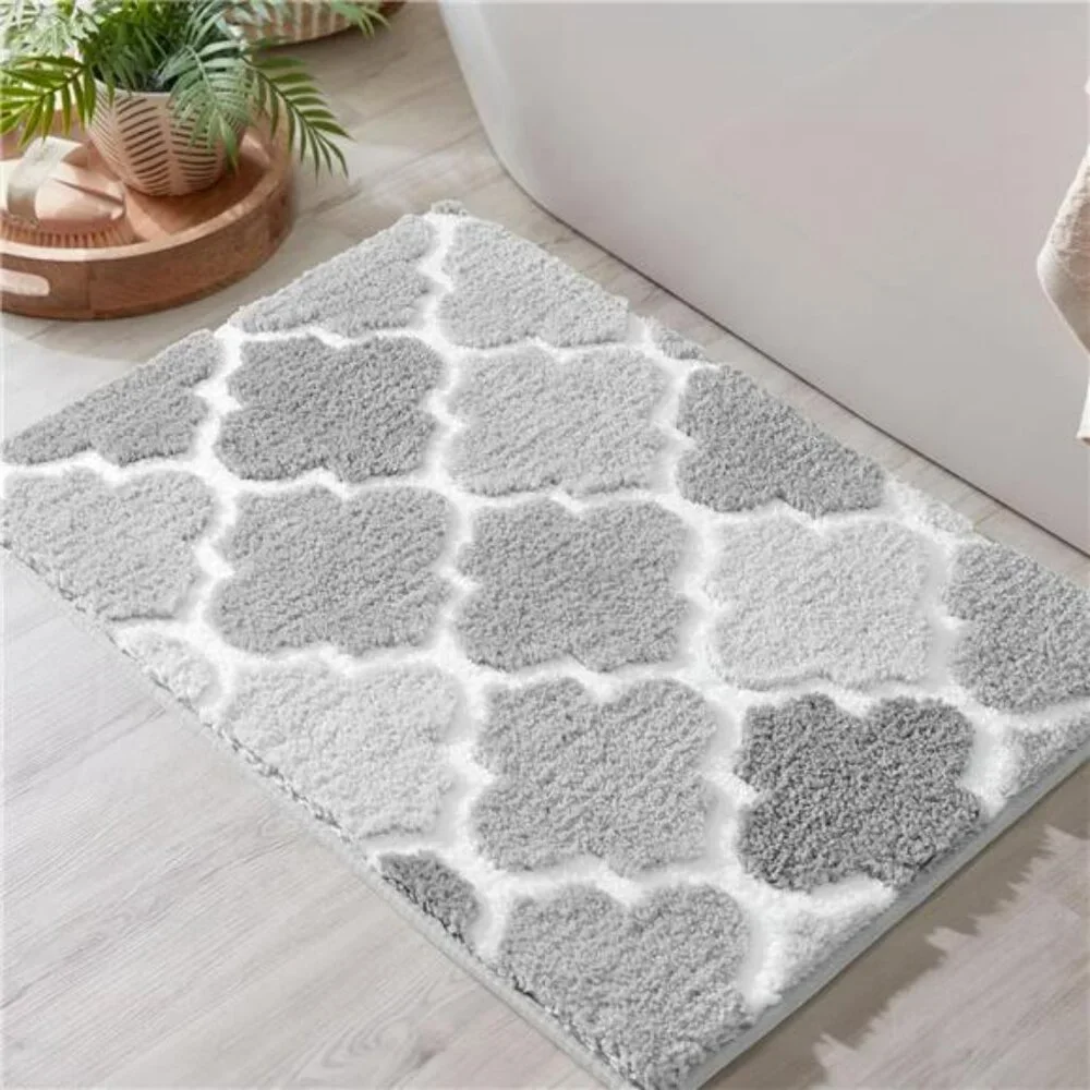 Gray Bathroom Rug Non Slip Checkered Bath Mat Plush Absorbent Shaggy Floor Carpe